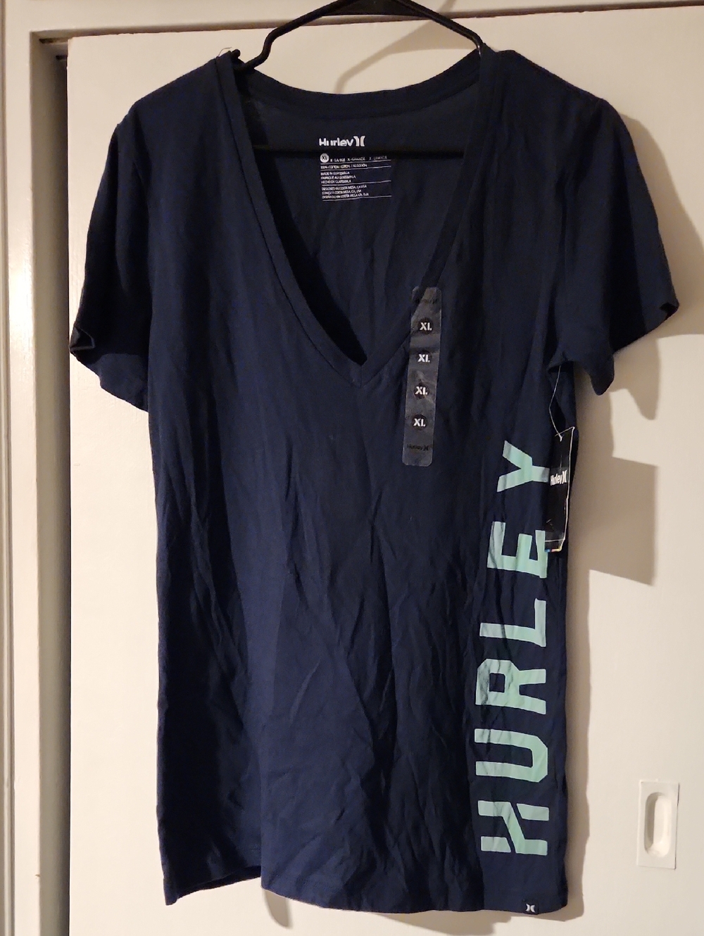 Hurley Women's Navy V-Neck Tee with Light Blue Side Logo